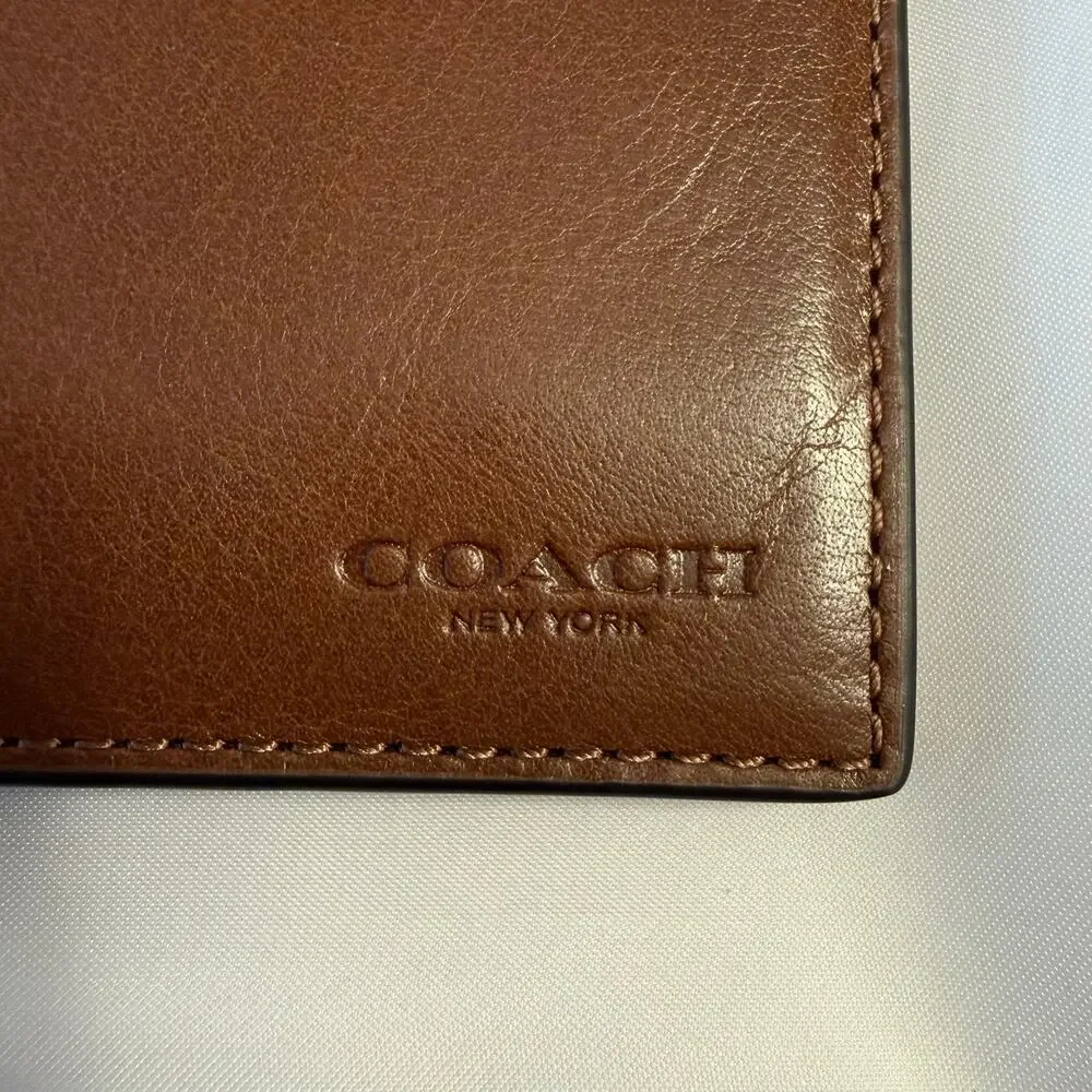 COACH Billfold Wallet Genuine Water Buffalo Leather 8-Card Supple Embossed Brown